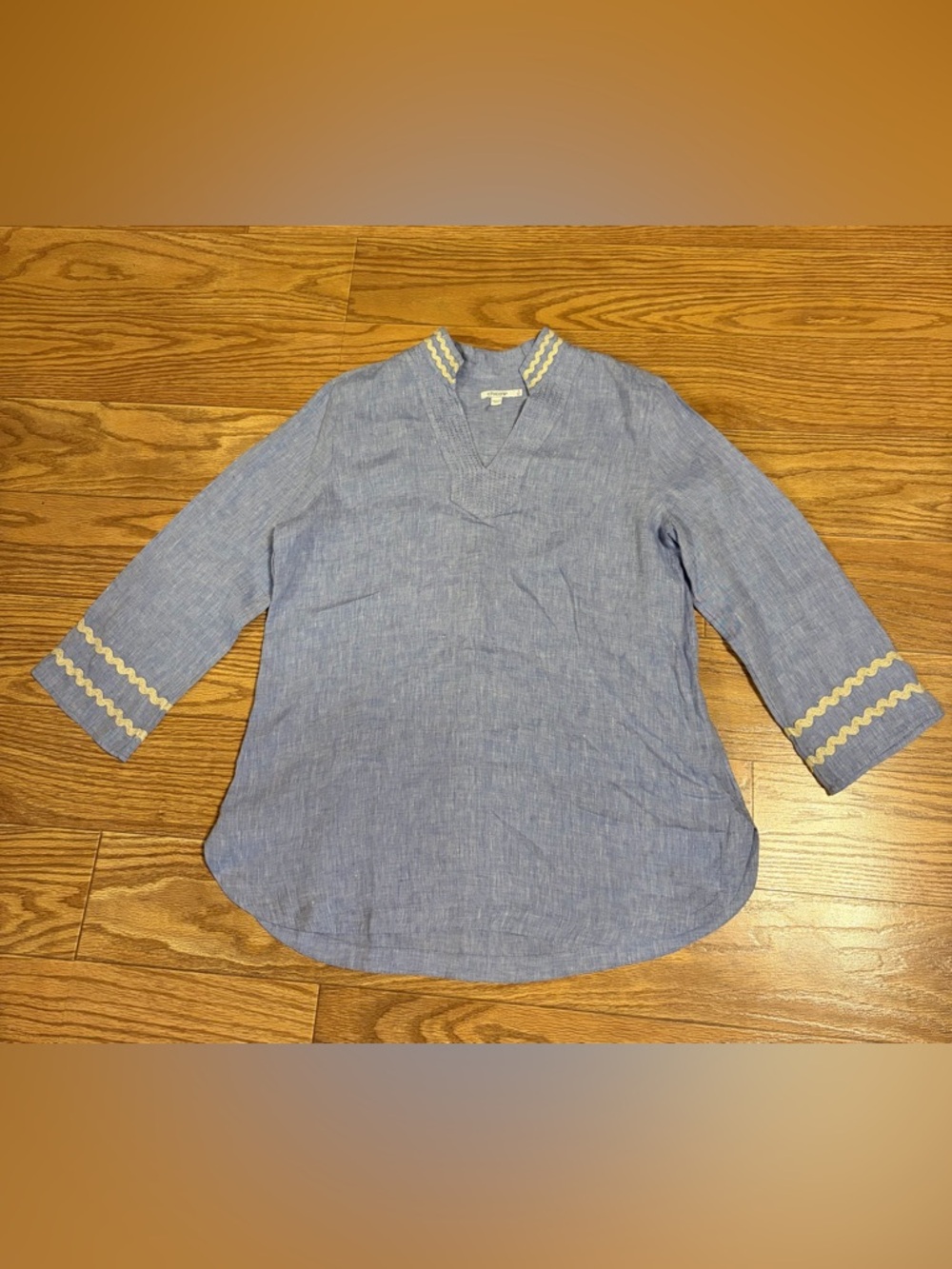 Chico’s 100% Linen Long Sleeve Tunic Size 3 US(16)  Blue W/ Rick Rack Trim